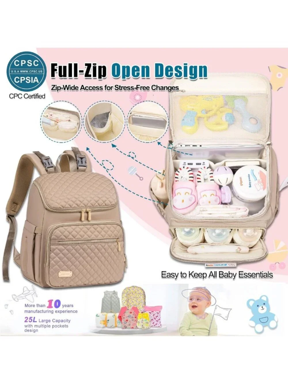 Large Diaper Bag Backpack with Changing Pad, Insulated Pockets & Stroller Straps